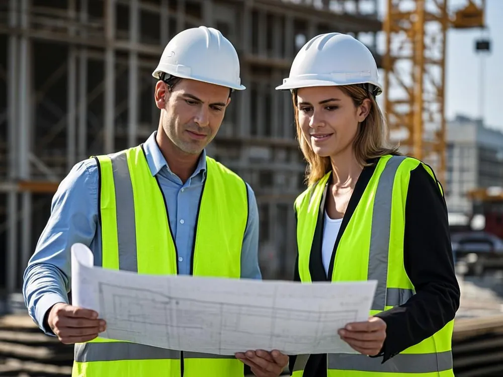 فريق الهندسة الحديثة أثناء مراجعة مخططات المشروع