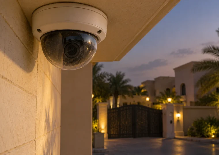غبار على غطاء كاميرا قبة عند مدخل فيلا وقت الغروب